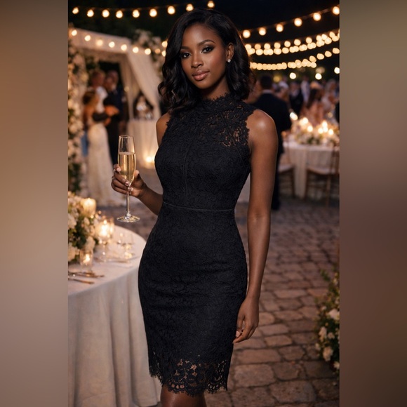Bardot Dresses & Skirts - Bardot Black Lace Midi Elegant Cocktail Party NYE Holiday Wedding Guest Dress